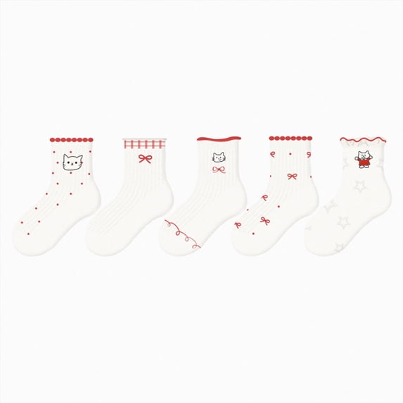 CAUYDY Kid Girls Ruffle Socks 5PC Set 5Y 6Y 7Y 8Y Children's Fall Winter Floor Socks Cute Cartoon Print Mid Cut Sizes 5-8 Years