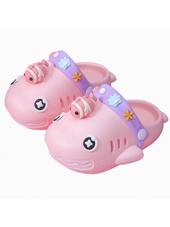 Kids 3D Shark Closed Toe Clog Slippers, Adjustable Back Strap Cartoon Fish Charms EVA Summer Beach Sandals(L101-Pink,9)