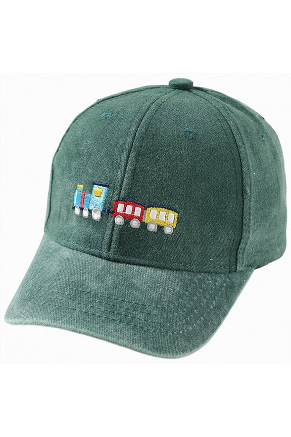 Kids Baseball Hat Miniature Train Themed Washed Baseball Cap Vintage Distressed Baseball Cap Cartoon Hat For 4T 5T 6T 7T 8T Boys (Sizes 3-8 Years,B1-Green)