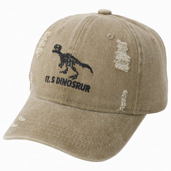 CAUYDY Kids Boy Dinosaur Washed Baseball Cap Toddler 4T 5T 6T 7T 8T Baby Boys Embroidered Distressed Baseball Cap Cartoon Childrens Hat (Sizes 3-8 Years,F02-Khaki)