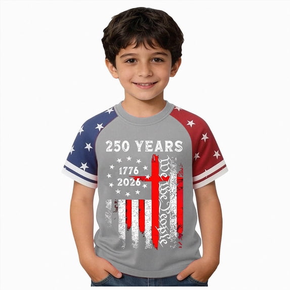 CAUYDY Kids Boys American Flag Shirts 4th of July T-Shirt Toddler Girls Cotton Patriotic Tops Tee Independence Clothes(L101-Light Gray,3-4 Y)