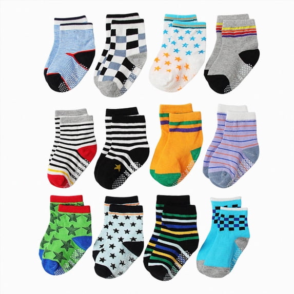 CAUYDY Kids Boys Floor Socks 12PC Set Children's Grip Crew Socks Mid Cut Fall Winter Spring Gift for Child Sizes 5-7 Years