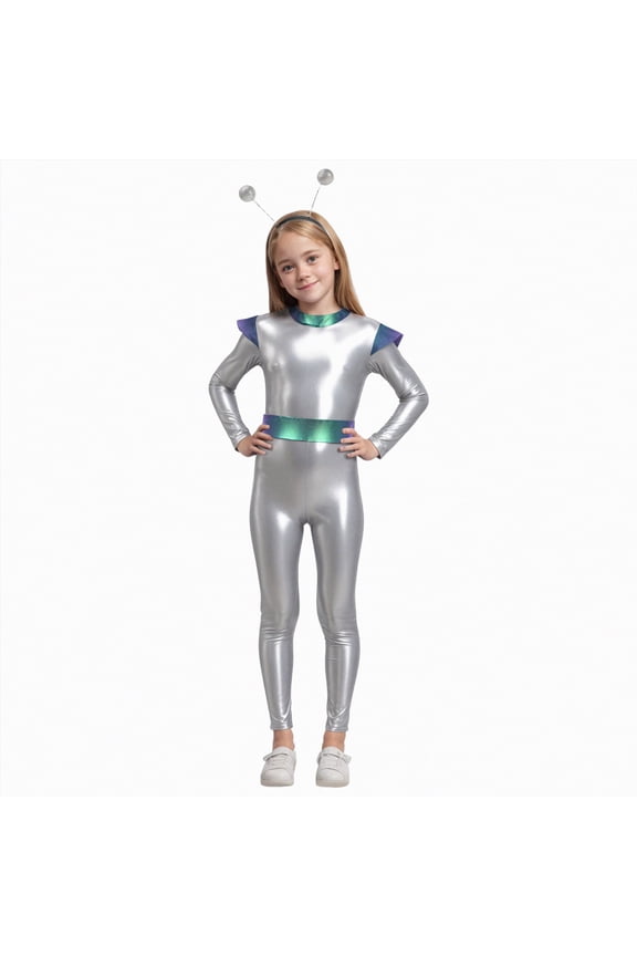 Kids Girls Halloween Alien Shiny Metallic Full Length Jumpsuit with Hair Hoop Dance Leotard(Z01-White,5-6 Y)