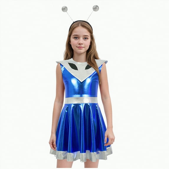 CAUYDY Kids Girls Halloween Alien Sleeveless Metallic A-line Dance Dress for Stage Performance(Z03-Blue,4-5 Y)