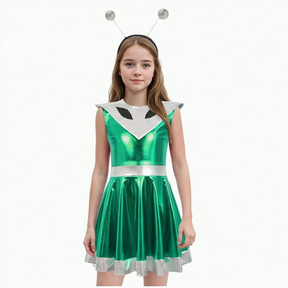 CAUYDY Kids Girls Halloween Alien Sleeveless Metallic A-line Dance Dress for Stage Performance(Z03-Green,9-10 Y)