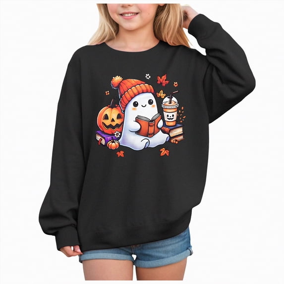CAUYDY Kids Girls Halloween Ghost Printed Hoodie Sweatshirt Long Sleeve Front Pocket Hoodies Cute Tops for Toddler Girls(Black,6Y)