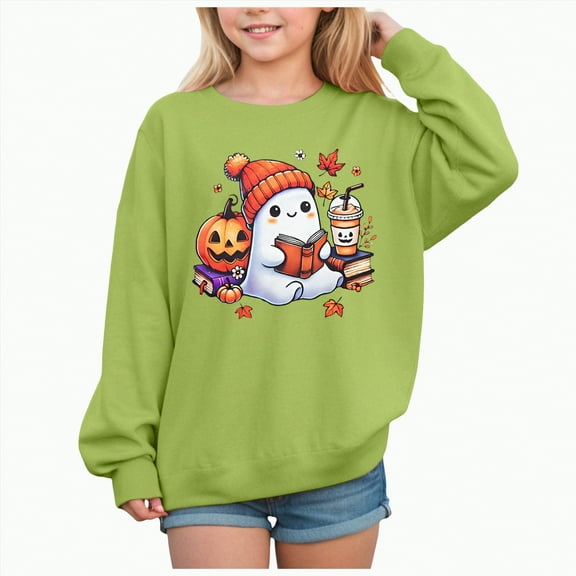 CAUYDY Kids Girls Halloween Ghost Printed Hoodie Sweatshirt Long Sleeve Front Pocket Hoodies Cute Tops for Toddler Girls(Green,6Y)