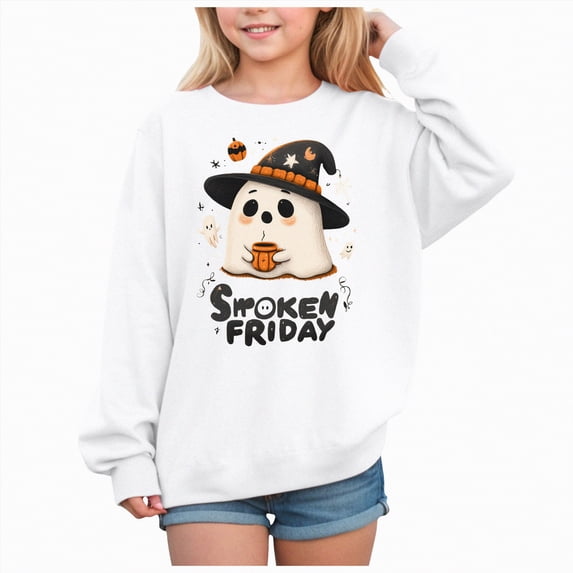 CAUYDY Kids Girls Halloween Ghost Printed Hoodie Sweatshirt Long Sleeve Front Pocket Hoodies Cute Tops for Toddler Girls(White,4Y)