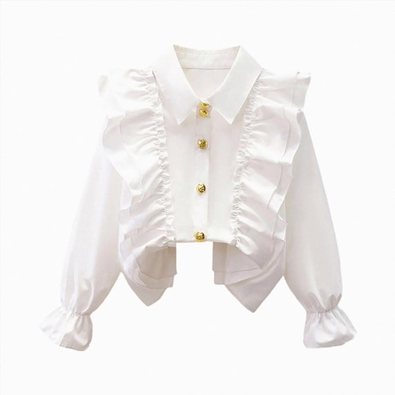 CAUYDY Kids Girls Long Sleeve Ruffle School Uniform Button Down Shirts Western Blouse Tops Fall Light Gray Sizes 5-6 Years