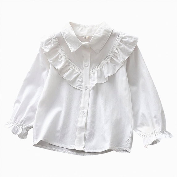 CAUYDY Kids Girls Long Sleeve Ruffle School Uniform Button Down Shirts Western Blouse Tops Fall Silver Sizes 9-10 Years