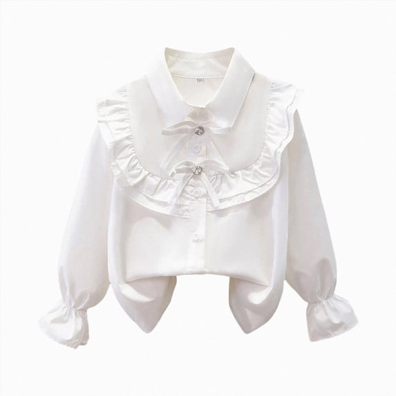 CAUYDY Kids Girls Long Sleeve Ruffle School Uniform Button Down Shirts Western Blouse Tops Fall White Sizes 5-6 Years