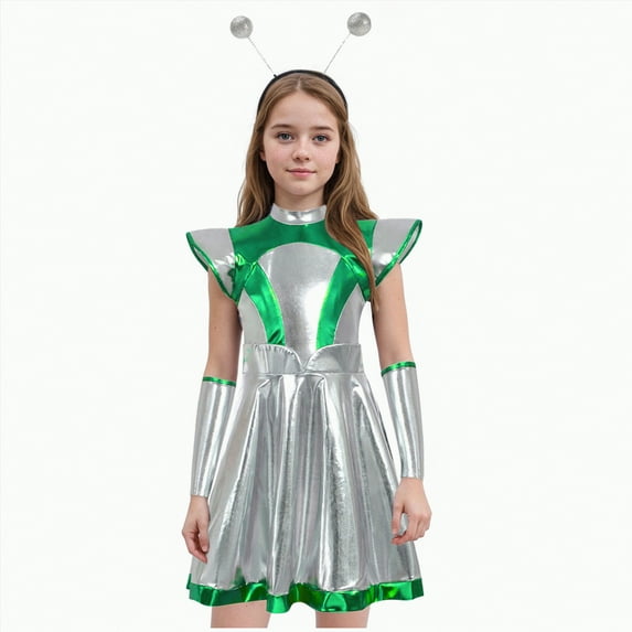 CAUYDY Kids Girls Space Alien Outfits Halloween Shiny Metallic Dress with Arm Sleeve Hair Hoop Set(Z01-Green,7-8 Y)