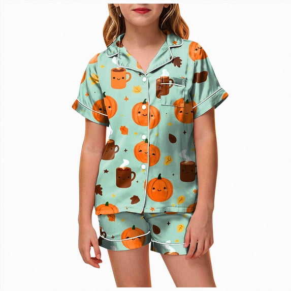 CAUYDY Kids Halloween Pajamas Sets Girl Button-Down Silk Sleepwear 2 Piece Short Sleeve Loungewear Clothes Set,2-3 Y