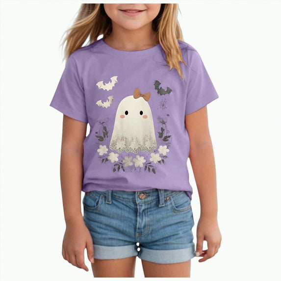 CAUYDY Kids Halloween Shirt Boys Girls Pumpkin Ghost Graphic Tees Toddler Halloween Short Sleeve Tops(Purple,11-12 Y)