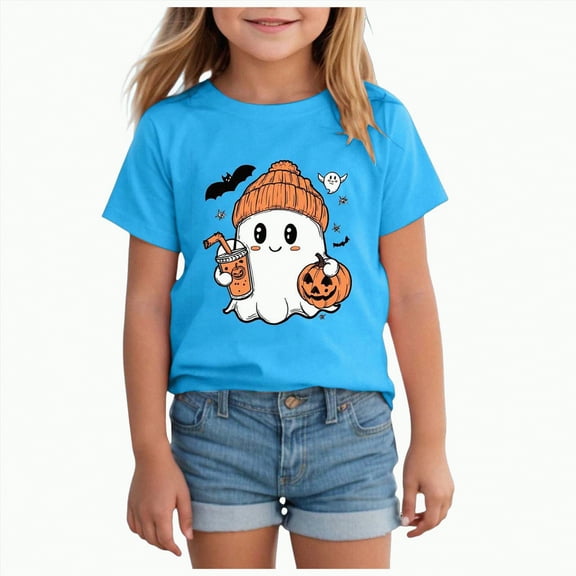 CAUYDY Kids Halloween Shirt Boys Girls Pumpkin Ghost Monster Truck Graphic Tees Toddler Halloween Short Sleeve Tops(Blue,11-12 Y)