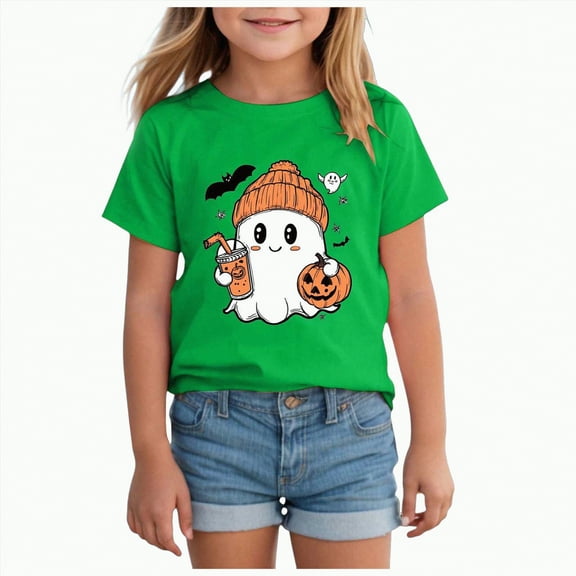 CAUYDY Kids Halloween Shirt Boys Girls Pumpkin Ghost Monster Truck Graphic Tees Toddler Halloween Short Sleeve Tops(Green,3-4 Y)