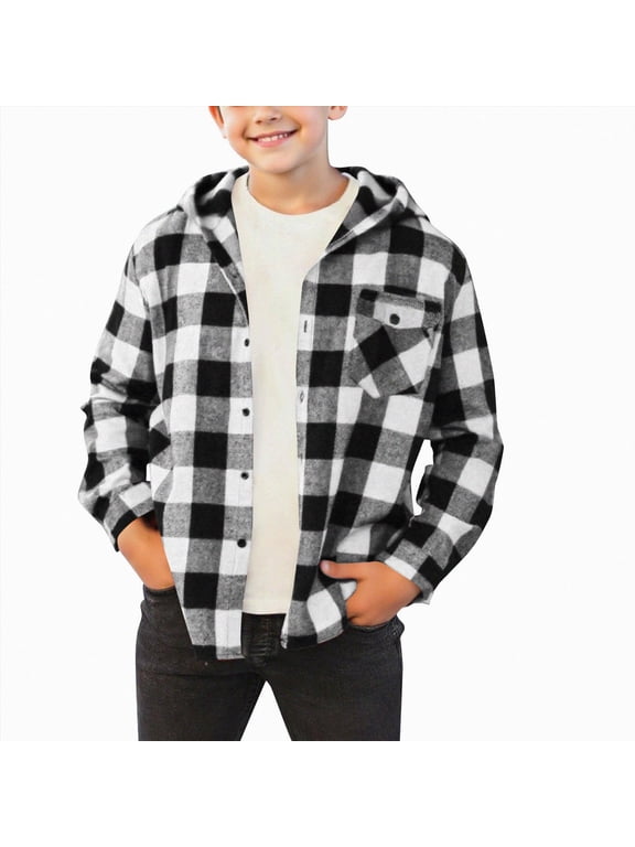 Kids Hooded Plaid Flannel Shirt Jacket, Long Sleeve Button Down Buffalo Check Shacket with Chest Pocket(L101-Black,12-13 Y)