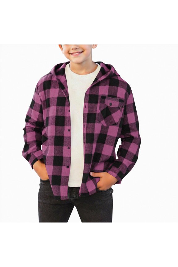 Kids Hooded Plaid Flannel Shirt Jacket, Long Sleeve Button Down Buffalo Check Shacket with Chest Pocket(L101-Pink,12-13 Y)