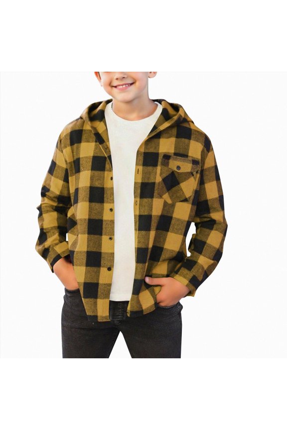 Kids Hooded Plaid Flannel Shirt Jacket, Long Sleeve Button Down Buffalo Check Shacket with Chest Pocket(L101-Yellow,10-11 Y)