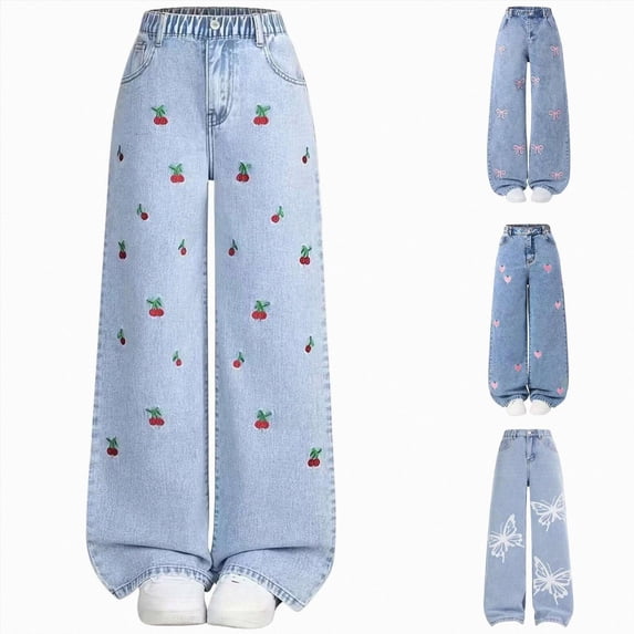 CAUYDY Kids Jeans Baggy Jeans for Girls Graphic Pants Wide Leg Skinny Denim Trousers High Waist Elastic Band Casual with Pockets Sizes 7-8 Years