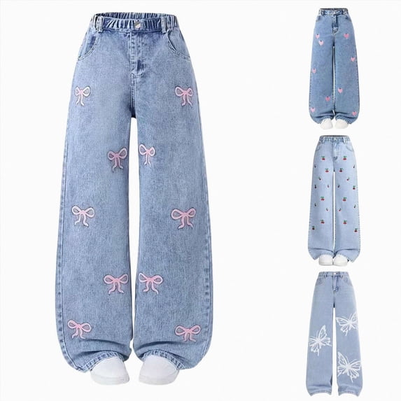 CAUYDY Kids Jeans Baggy Jeans for Girls Graphic Pants Wide Leg Skinny Denim Trousers High Waist Elastic Band Casual with Pockets Sizes 7-8 Years