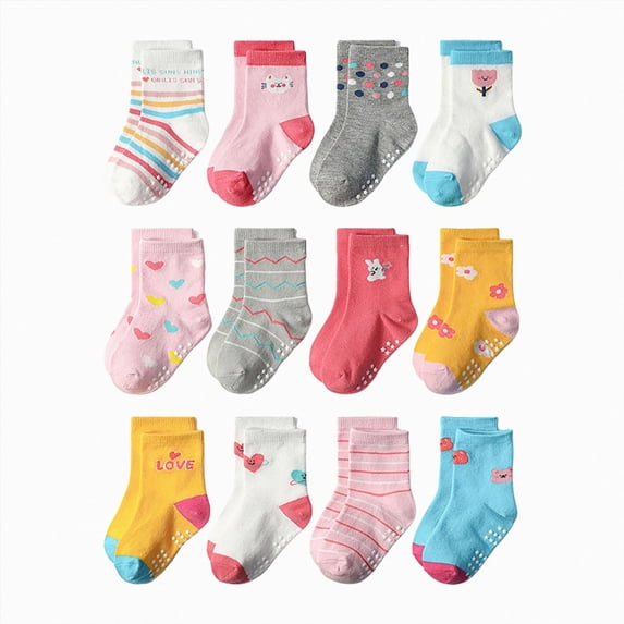 CAUYDY Little Kids Girls Cute Socks 12PC Set 3T 4T 5T Toddler Spring Summer Fall Winter Grip Crew Socks Sizes 3-5 Years