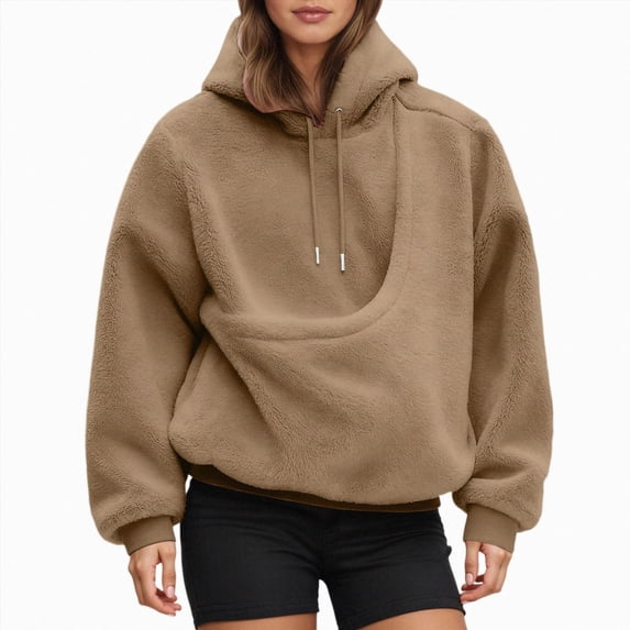 CAUYDY Long Sleeve Cat Hoodie with Pouch for Women, Cozy Fleece Pullover Large Front Pocket Pet Carrier Fall Clothing Khaki Sizes 3XL