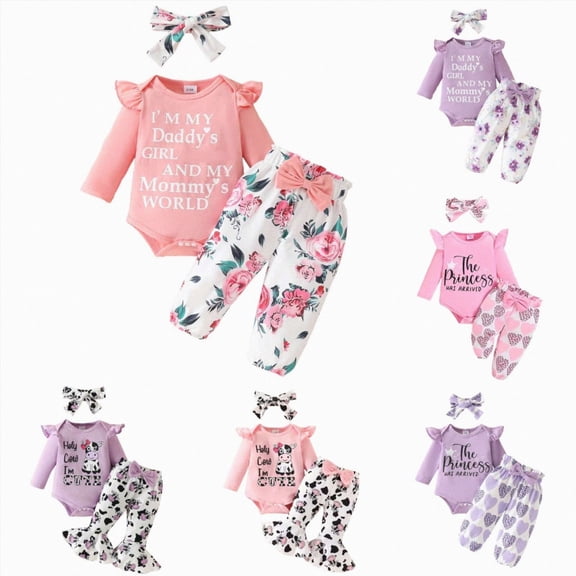 CAUYDY Newborn Baby Girl Clothes Cute Ruffle Sleeve Romper Pants Headband Fall Winter One-Piece Outfit Sets 3Pcs Pink and Purple 0 3 6 9 12 18 Months Pink Sizes 3-6 Months