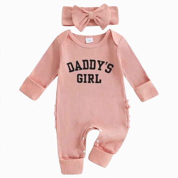 CAUYDY Newborn Baby Girls Romper Outfits Letter Daddy's Girl Print Ruffle Jumpsuit Bodysuit Fall Winter Clothes(L101-Pink,0-3 M)