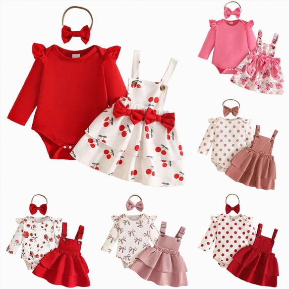 CAUYDY Newborn Gifts For Baby Girl Shower Outfit Ruffle Long Sleeve Romper Set 0 3 6 9 12 18 Months Preemie Clothing Fall Winter Red Sizes 3-6 Months