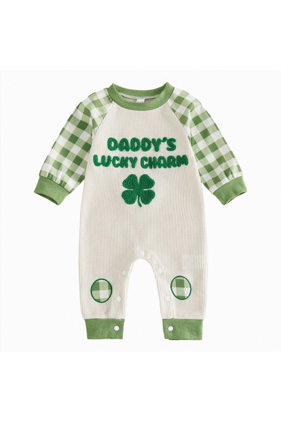 Newborn Saint Patricks Day Baby Boy Fall Winter Clothes Long Sleeve Romper Jumpsuit Cute Infant One Piece Outfit(L101-Beige,0-3 M)