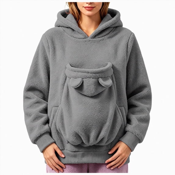 CAUYDY Pet Pouch Hoodie for Women Oversized Pet Carrier Hoodies with Large Kangaroo Pocket Cat Dog Pouch Sweatshirts Long Sleeve Pullover Tops Grey Sizes 2XL