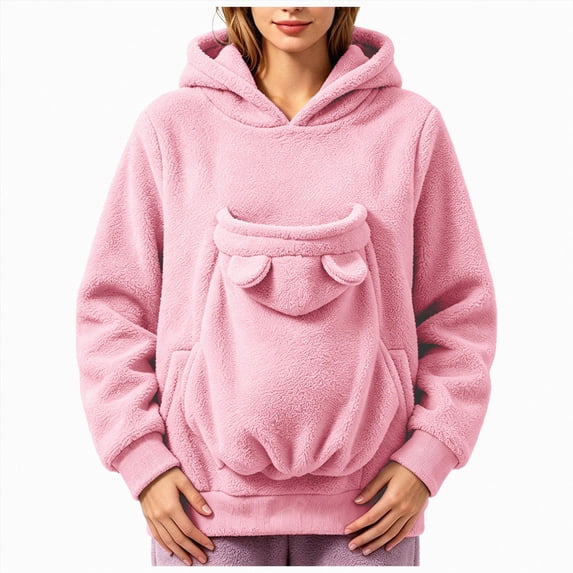 CAUYDY Pet Pouch Hoodie for Women Oversized Pet Carrier Hoodies with Large Kangaroo Pocket Cat Dog Pouch Sweatshirts Long Sleeve Pullover Tops Pink Sizes L