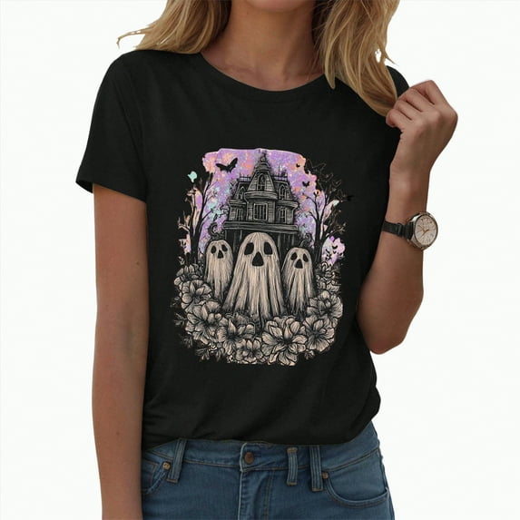 CAUYDY Plus Size Halloween Shirt for Women Cute Ghost Graphic T-Shirt Fall Pumpkin Casual Short Sleeve Party Tee Top(Black,L)