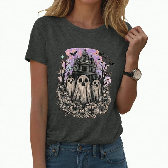 CAUYDY Plus Size Halloween Shirt for Women Cute Ghost Graphic T-Shirt Fall Pumpkin Casual Short Sleeve Party Tee Top(Grey,L)