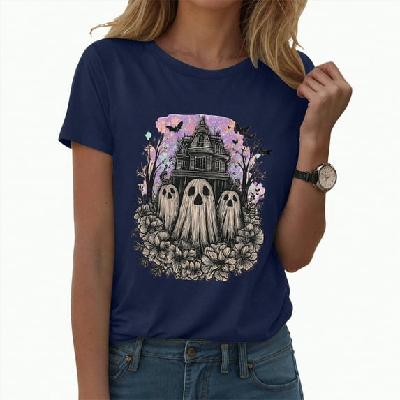 CAUYDY Plus Size Halloween Shirt for Women Cute Ghost Graphic T-Shirt Fall Pumpkin Casual Short Sleeve Party Tee Top(Navy,XXL)
