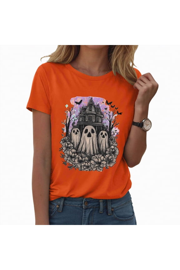 Plus Size Halloween Shirt for Women Cute Ghost Graphic T-Shirt Fall Pumpkin Casual Short Sleeve Party Tee Top(Orange,XL)