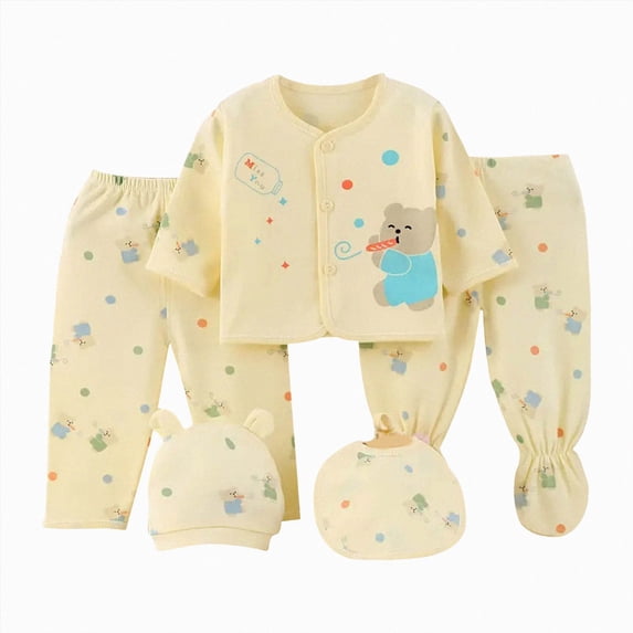CAUYDY Preemie Baby Girl Boy Clothes + 2Pants + Hat + Bib Layette Set 5-Pieces Newborn Pajamas Cotton Outfit for Fall Winter Spring Summer All Seasons (Sizes 0-3 Months,Yellow)
