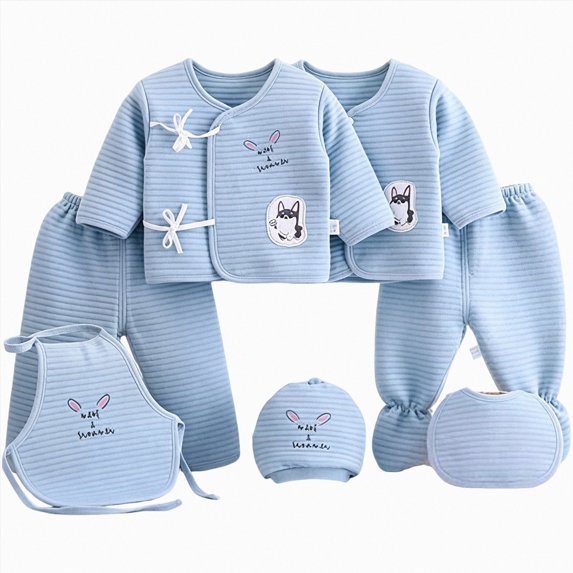 CAUYDY Preemie Boys Coming Home Outfits Newborn Girls Pjs Unisex Infant Clothing 2 Long Sleeve Top & 2 Pants & Warm Hat & Bib & Bellyband 7PCS Cute Set Sizes 0-3 Months,Sky Blue
