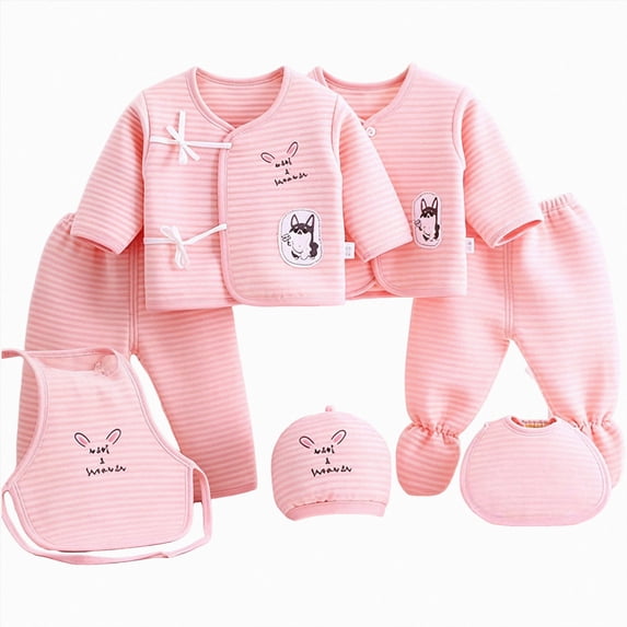 CAUYDY Preemie Boys Coming Home Outfits Newborn Girls Pjs Unisex Infant Clothing 2 Long Sleeve Top & 2 Pants & Warm Hat & Bib & Bellyband 7PCS Cute Set Sizes 0-3 Months,Pink