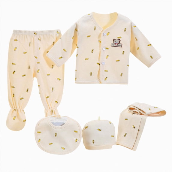 CAUYDY Preemie Girls Going Home Outfits Newborn Boys Sleepwear Fall Baby Layette Long Sleeved Shirt Hat 2Pants Bib 5 Pieces Soft Set for Unisex Infant Sizes One Size,Yellow