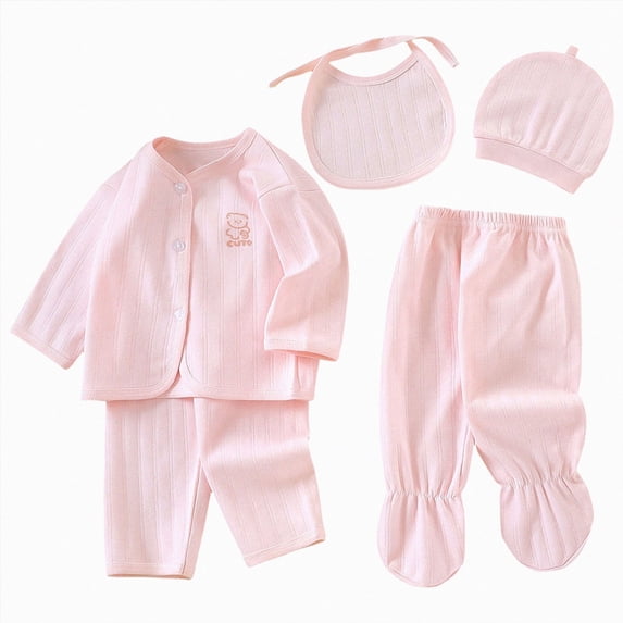 CAUYDY Preemie Girls Photoshoot Outfits Newborn Boys Pajamas Baby Layette Long Sleeve Shirt Warm Hat 2Pants Bib 5Pcs Cotton Set for Infant Fall Winter Sizes One Size,Light Pink