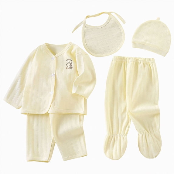 CAUYDY Preemie Girls Photoshoot Outfits Newborn Boys Pajamas Baby Layette Long Sleeve Shirt Warm Hat 2Pants Bib 5Pcs Cotton Set for Infant Fall Winter Sizes One Size,Yellow