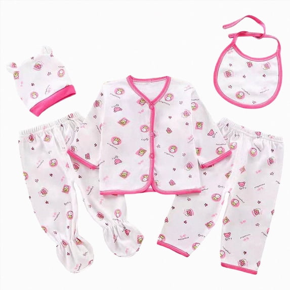 CAUYDY Preemie Going Home Outfits for Girl Boy Baby Sleepwear Newborn Layette Long Sleeved Shirt Warm Hat 2Pants Bib 5 Pieces Soft Set for Infant Fall Sizes One Size,Hot Pink