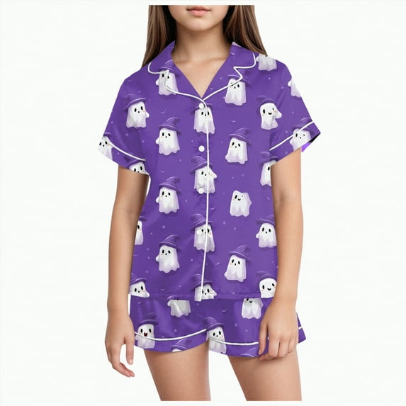 CAUYDY Pumpkin Ghost Pajamas For Girl Boy Halloween Short Sleeve Shorts Silk Pj Sets Kids Halloween Lounge Sleepwear(Purple,2-3 Y)