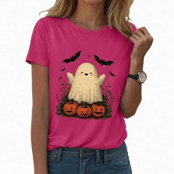 CAUYDY Pumpkin Graphic Shirt Women Halloween Teacher Gift Tshirt Vintage Graphic Bookish Tee Short Sleeve Fall Tops(Hot Pink,S)