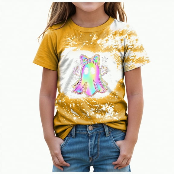 CAUYDY Pumpkin Shirt Toddler Halloween Shirt for Kids Boys Girls Halloween T-Shirts Ghost Clothes Short Sleeve Cotton Tee(Yellow,2-3 Y)