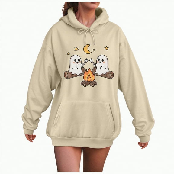 CAUYDY Pumpkin Sweatshirt for Women Fall Y2K Hoodies Halloween Pumpkin Face Graphic Winter Sweatshirt Long Sleeve Pullover(Beige,L)