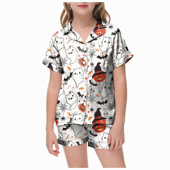 CAUYDY Satin Pajamas Set for Girl Halloween Skeleton Pumpkin Print Pjs 2 Piece Short Sleeve Button-Down Shirt with Shorts(White,8-9 Y)