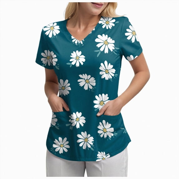 CAUYDY Scrub Tops Women Floral Print Scrubs V Neck Short Sleeve Stretch Functional Workwear Nurse Uniform(L101-Blue,L)